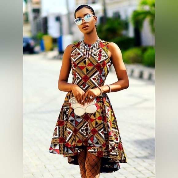 Mae Otti Navy Yellow Red Print High Low Dress - Picture 1 of 15